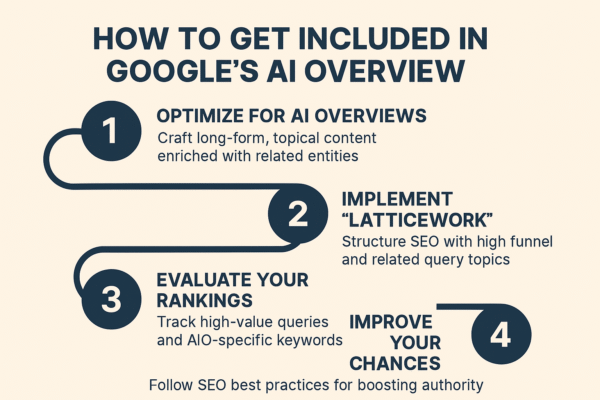 nfographic explaining how to get featured in Google’s AI Overviews using structured content, semantic SEO, and question-based formatting.